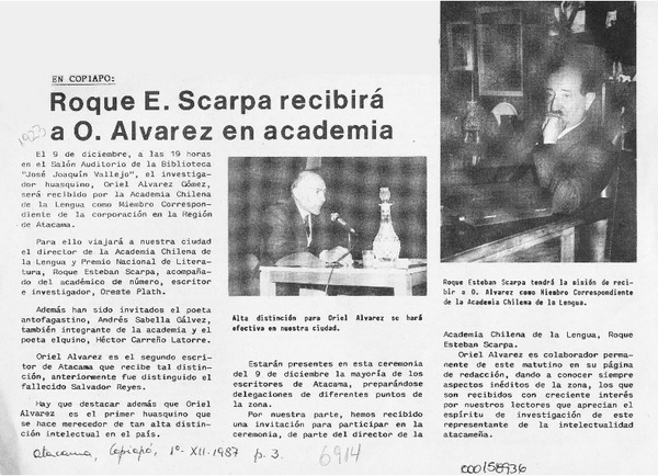 Roque E. Scarpa recibirá a O. Alvarez en Academia  [artículo].
