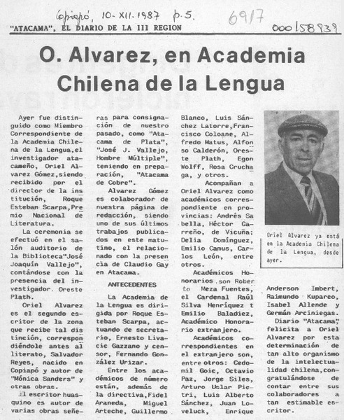 O. Alvarez, en Academia Chilena de la Lengua  [artículo].