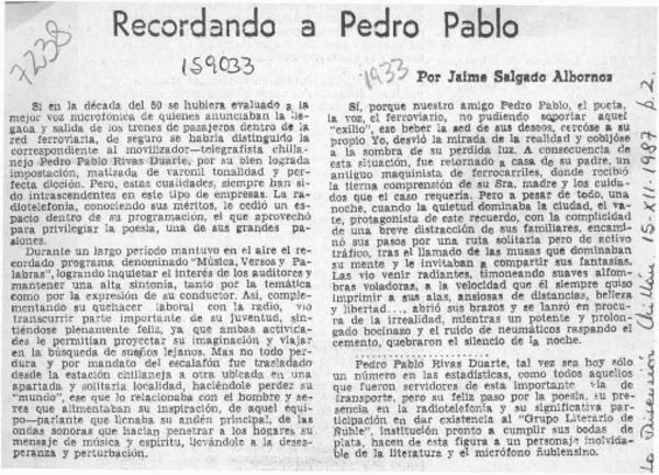 Recordando a Pedro Pablo  [artículo] Jaime Salgado Albornoz.