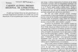 Carmen Alonso, Premio Regional de Literatura  [artículo] Darío de la Fuente.