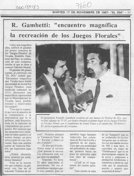 R. Gambetti, "Encuentro magnífica la recreación de los Juegos Florales"  [artículo].