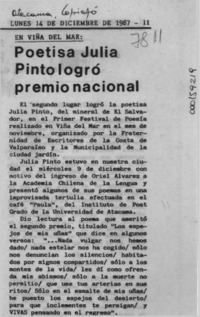 Poetisa Julia Pinto logró premio nacional  [artículo].