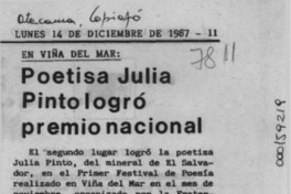 Poetisa Julia Pinto logró premio nacional  [artículo].
