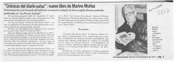 "Crónicas del diario soñar", nuevo libro de Marino Muñoz  [artículo].