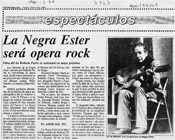 La Negra Ester será opera rock  [artículo].
