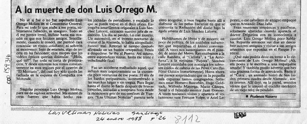 A la muerte de don Luis Orrego M.  [artículo] Prudencio Navarro.