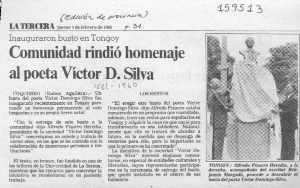 Comunidad rindió homenaje al poeta Víctor D. Silva  [artículo] Rubén Aguilera.