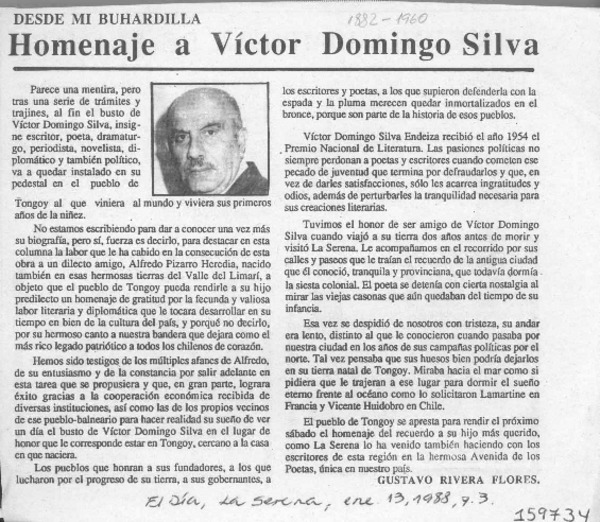Homenaje a Víctor Domingo Silva  [artículo] Gustavo Rivera Flores.
