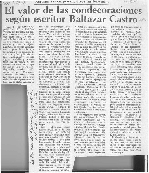 El Valor de las condecoraciones según escritor Baltazar Castro  [artículo].