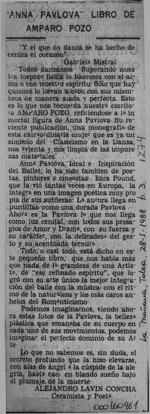 "Anna Pavlova" libro de Amparo Pozo  [artículo] Alejandro Lavín Concha.