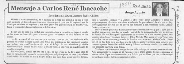 Mensaje a Carlos René Ibacache  [artículo] Jorge Agurto.