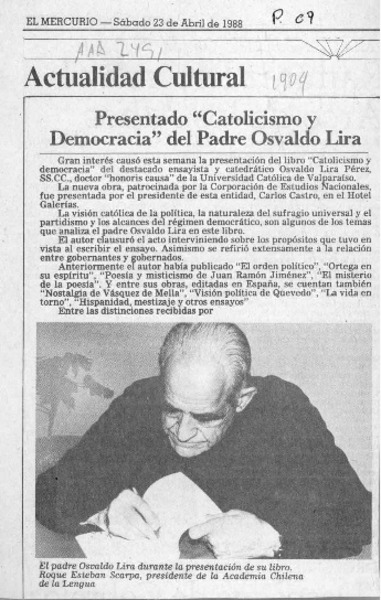 Presentado "Catolicismo y Democracia" del Padre Osvaldo Lira