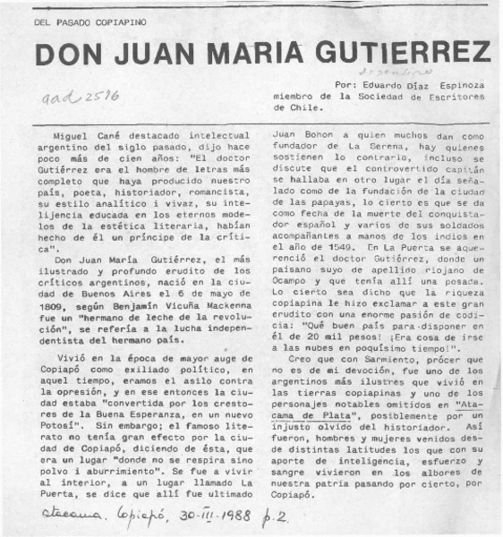 Don Juan María Gutiérrez  [artículo] Eduardo Díaz Espinoza.