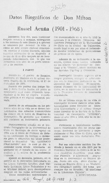 Datos biográficos de don Milton Rossel Acuña (1901-1968)  [artículo] Alberto Ribet Cea.