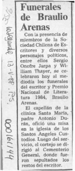 Funerales de Braulio Arenas  [artículo].