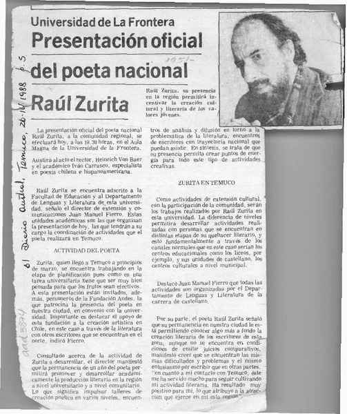Presentación oficial del poeta nacional Raúl Zurita  [artículo].