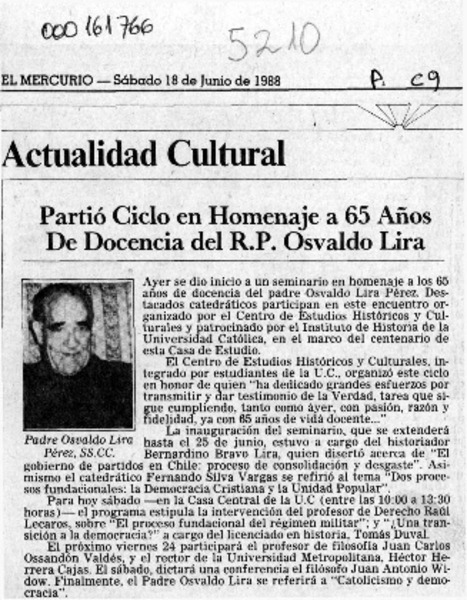 Partió ciclo en homenaje a 65 años de docencia del R. P. Osvaldo Lira  [artículo].