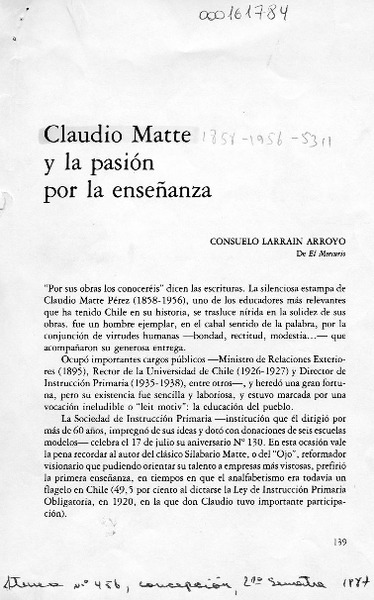 Claudio Matte y la pasión por la enseñanza  [artículo] Consuelo Larraín Arroyo.