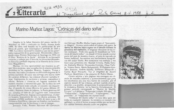 Marino Muñoz Lagos, "Crónicas del diario soñar"  [artículo] Gumercindo Pinto Devia.