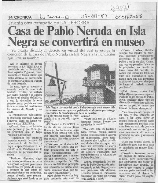 Casa de Pablo Neruda en Isla Negra se convertirá en museo  [artículo].