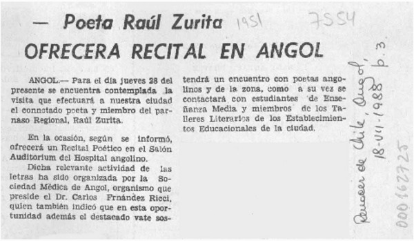 Poeta Raúl Zurita ofrecerá recital en Angol  [artículo].