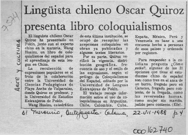 Lingüista chileno Oscar Quiroz presenta libro de coloquialismos  [artículo].