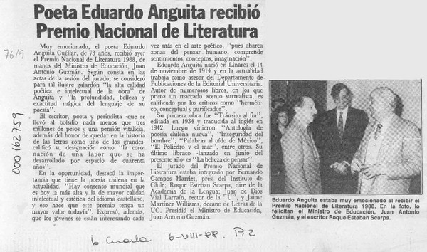 Poeta Eduardo Anguita recibió Premio Nacional de Literatura  [artículo].