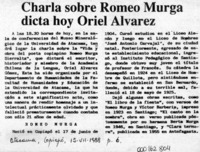 Charla sobre Romeo Murga dicta hoy Oriel Alvarez  [artículo].