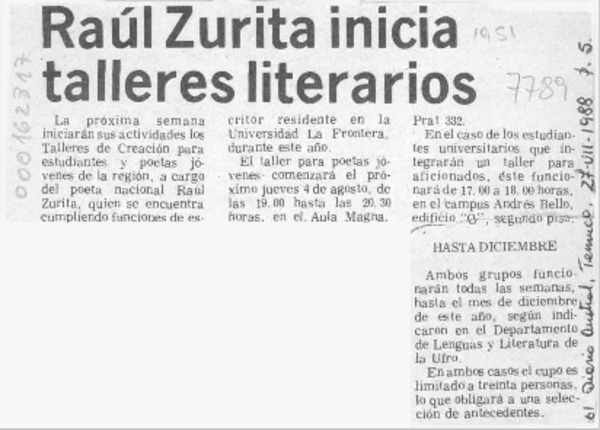 Raúl Zurita inicia talleres literarios  [artículo].