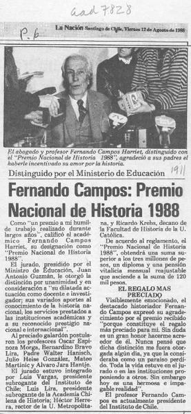 Fernando Campos, Premio Nacional de Historia 1988  [artículo].
