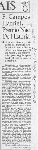 F. Campos Harriet, Premio Nac. de Historia  [artículo].