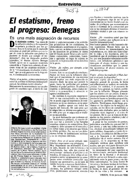 El estatismo, freno al progreso, Benegas  [artículo].