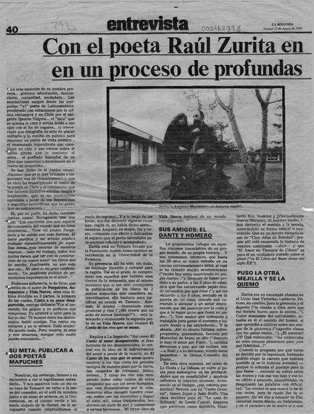 Con el poeta Raúl Zurita en Temuco, "estoy en un proceso de profundas transformaciones"  [artículo] Rosario Guzmán Errázuriz.
