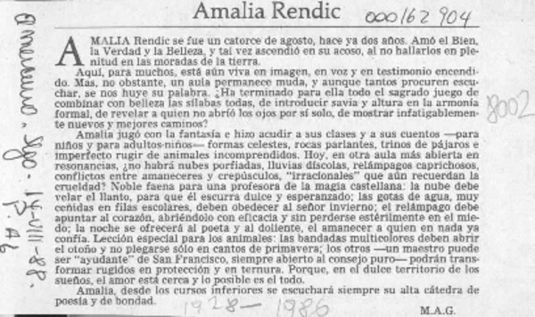 Amalia Rendic  [artículo] M. A. G.