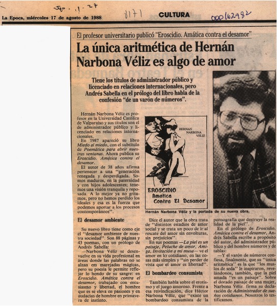 La Unica aritmética de Hernán Narbona Véliz es algo de amor  [artículo].