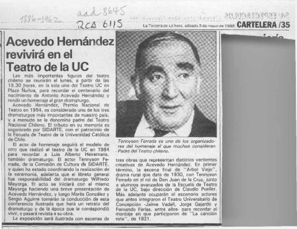 Acevedo Hernández revivirá en el Teatro de la UC  [artículo].