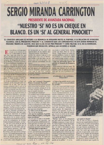 "Nuestro 'SI' no es un cheque en blanco, Es un 'SI' al general Pinochet"  [artículo] Manuel Santelices.