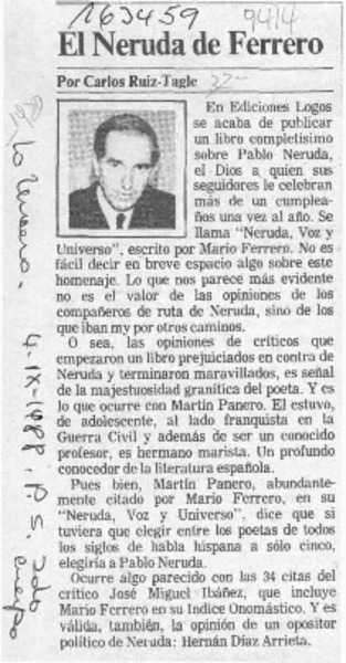 El Neruda de Ferrero  [artículo] Carlos Ruiz-Tagle.