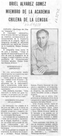 Oriel Alvarez Gómez miembro de la Academia Chilena de la Lengua
