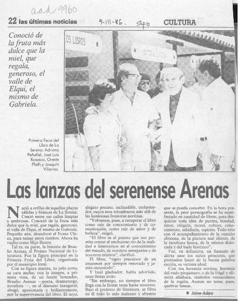 Las lanzas del serenense Arenas  [artículo] Jaime Adaro.