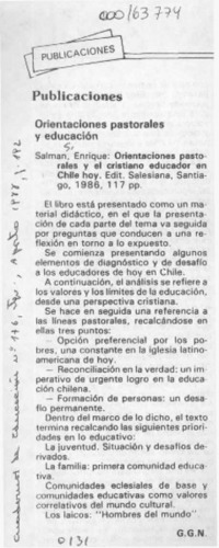 Orientaciones pastorales y el cristiano educador en Chile hoy  [artículo] G. C. N.