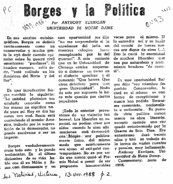 Borges y la política  [artículo] Anthony Kerrigan.