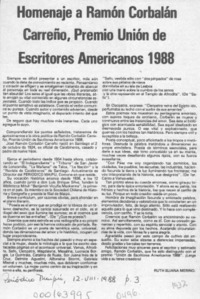 Homenaje a Ramón Corbalán Carreño, Premio Unión de Escritores Americanos 1988  [artículo] Ruth Eliana Merino.