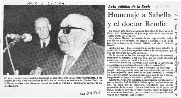Homenaje a Sabella y el doctor Rendic  [artículo].