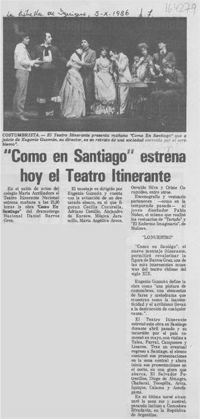 "Como en Santiago" estrena hoy el Teatro Itinerante