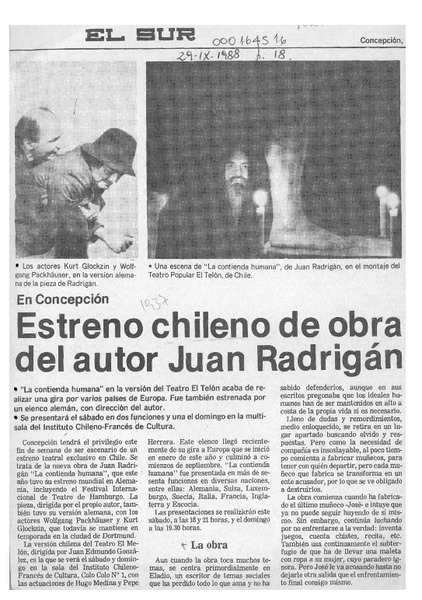 Estreno chileno de obra del autor Juan Radrigán  [artículo].