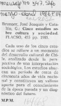 Brunner, José Joaquín y Catalán, G., "Cinco estudios sobre cultura y sociedad"
