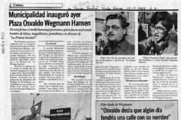 Municipalidad inauguró ayer plaza Osvaldo Wegmann Hansen  [artículo].