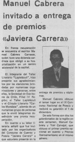 Manuel Cabrera invitado a entrega de premios "Javiera Carrera"