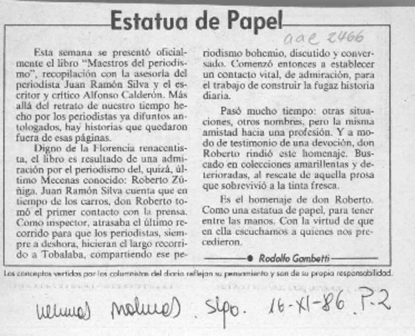 Estatua de papel  [artículo] Rodolfo Gambetti.